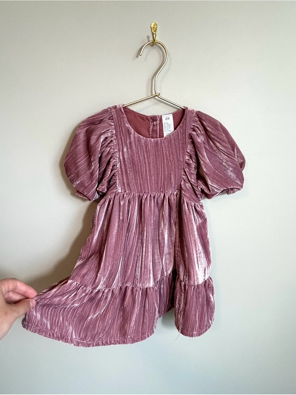 H&M Girls' Rose-Pink Velvet Puff-Sleeve Tiered Dress